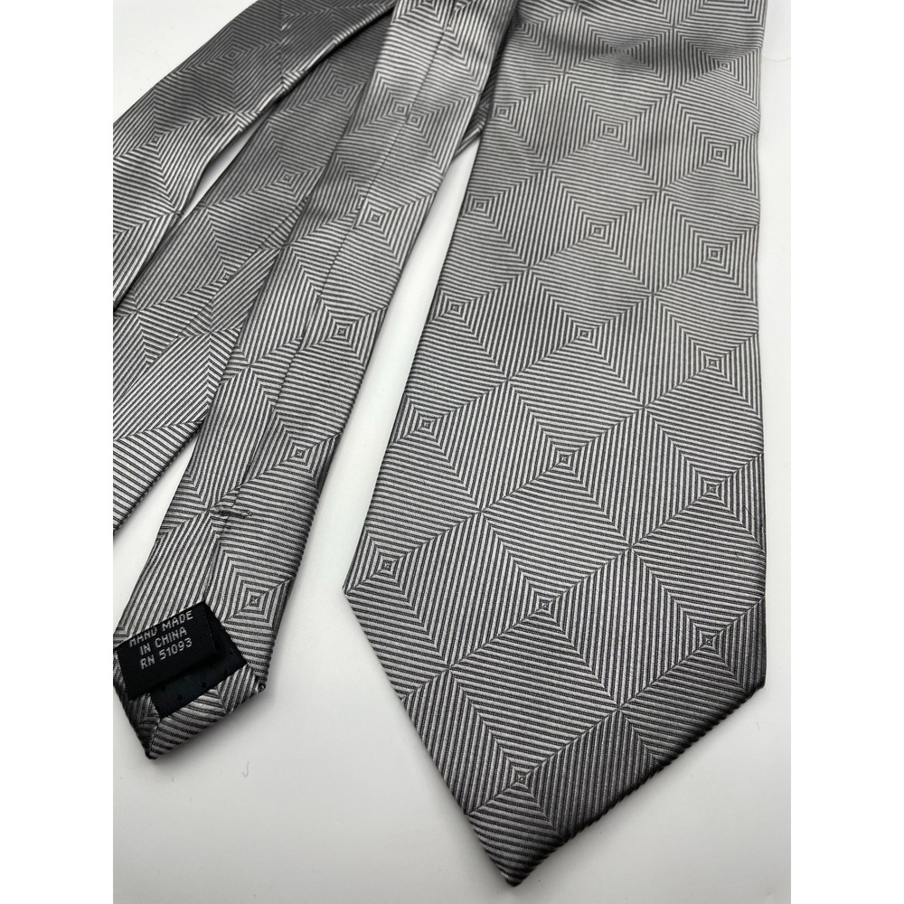 Peebles Executive Collection Mens Silver Grey Geometric Silk Necktie Hand Made